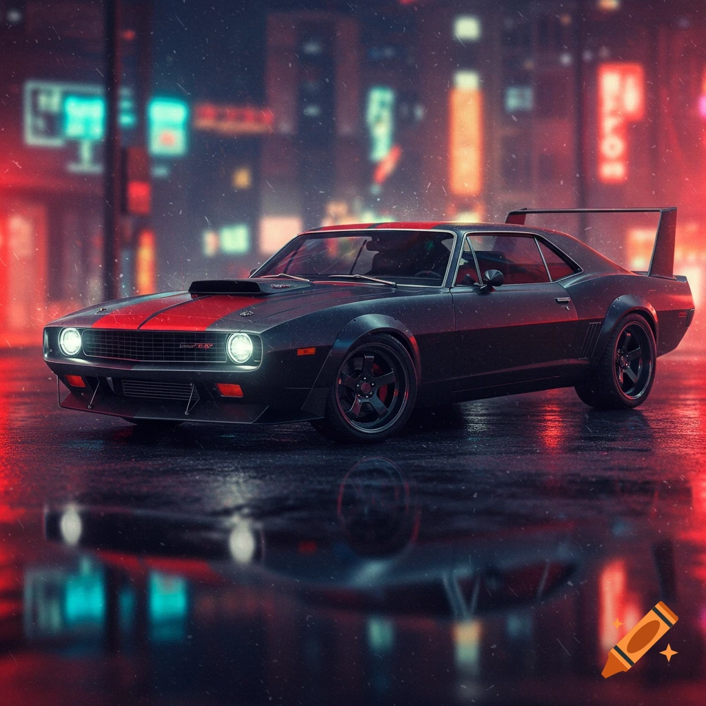 A black classic car with a red stripe on a wet city street at night with neon lights reflecting.