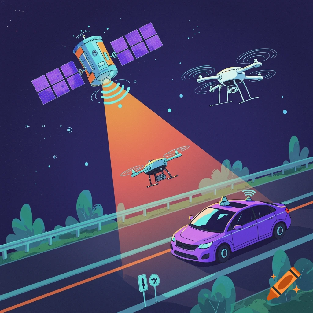 Digital illustration of a purple car, satellite, and drones interacting over a road at night.