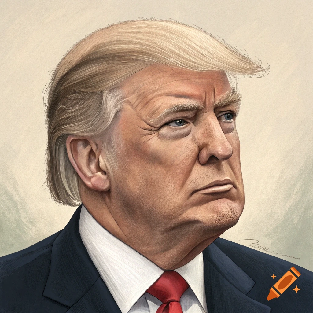 Detailed caricature portrait of Donald Trump looking left, wearing a suit and red tie.