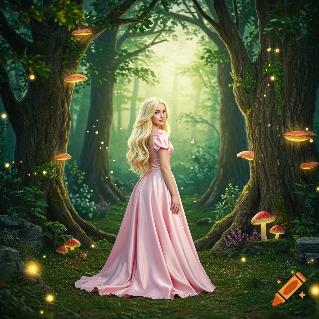 A princess in a long pink gown stands in a magical forest with glowing mushrooms.