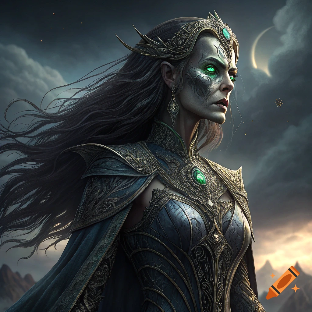 A fantasy woman in ornate dark armor with glowing green eyes under a cloudy sky.