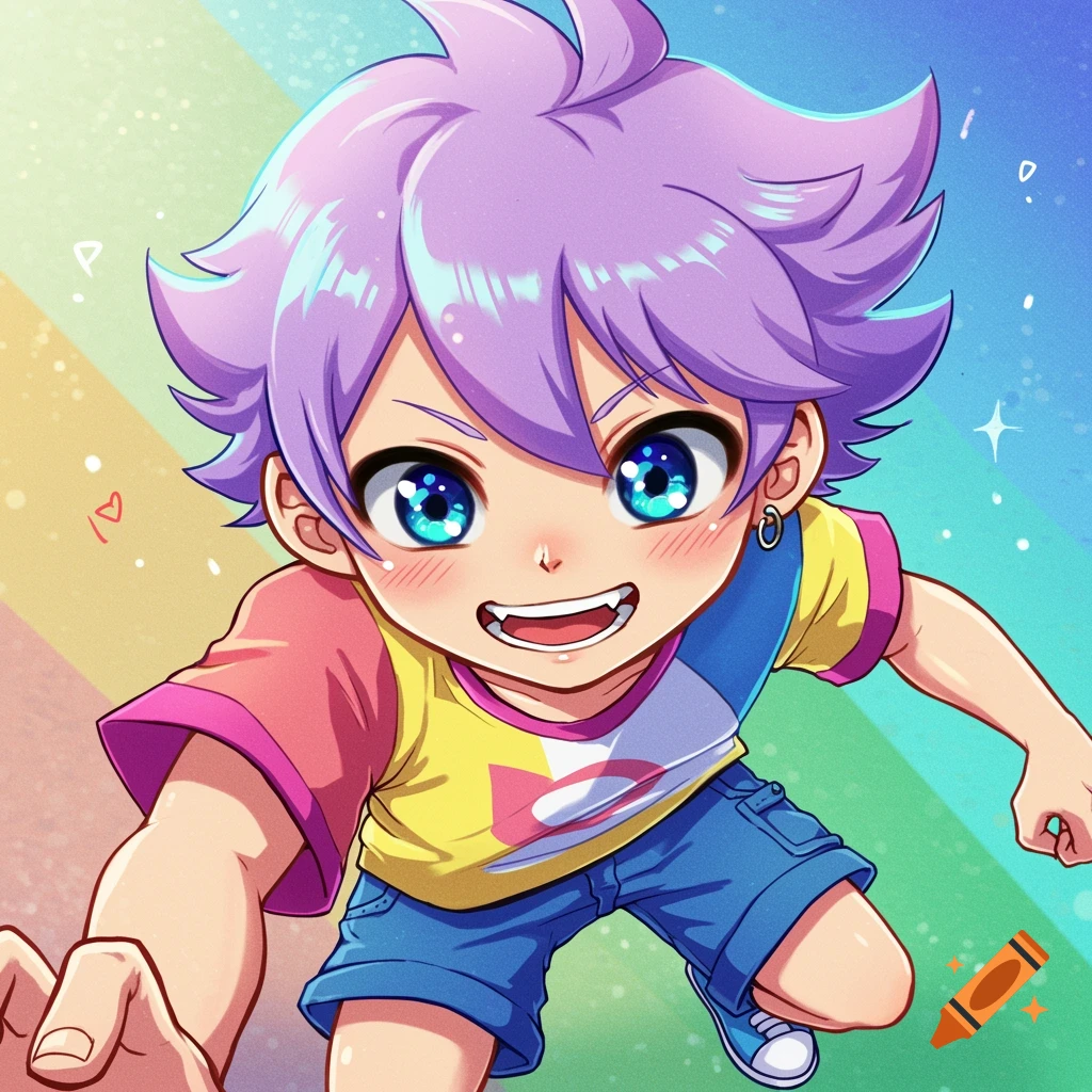 Anime illustration of a boy with purple hair and bright blue eyes smiling playfully against a rainbow background.