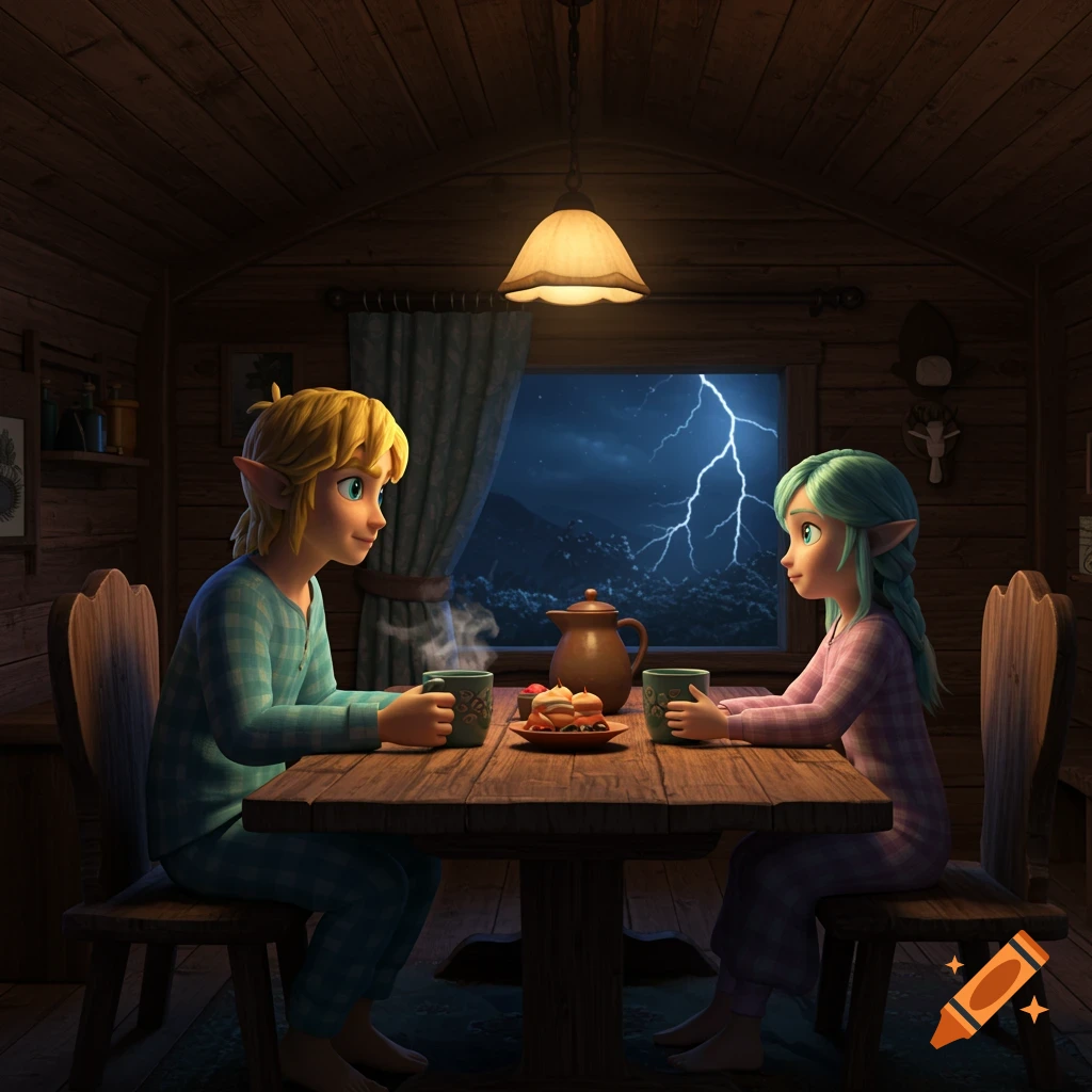 Link and Aryll in pajamas drinking tea at a wooden table in a cozy cottage during a thunderstorm, cinematic render.