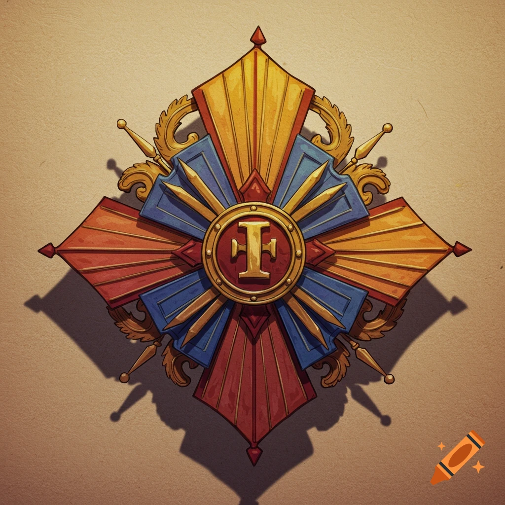 A colorful, ornate badge or symbol of merit with a central 'I'.