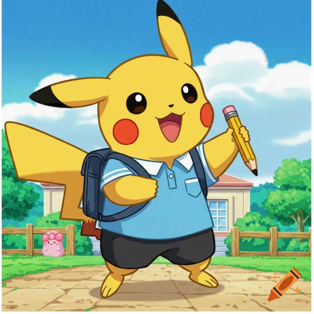 Cartoon Pikachu with backpack and pencil, walking to school
