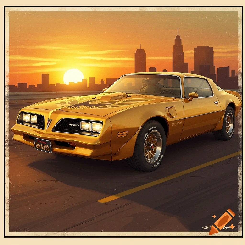 A golden 1978 Pontiac Trans Am is parked on asphalt against a sunset sky and city skyline.