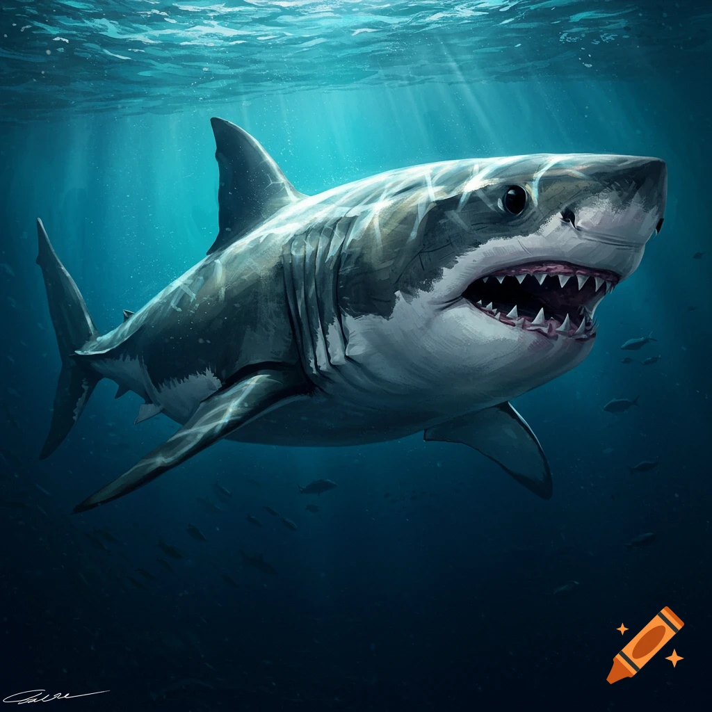 A great white shark swimming in the ocean.