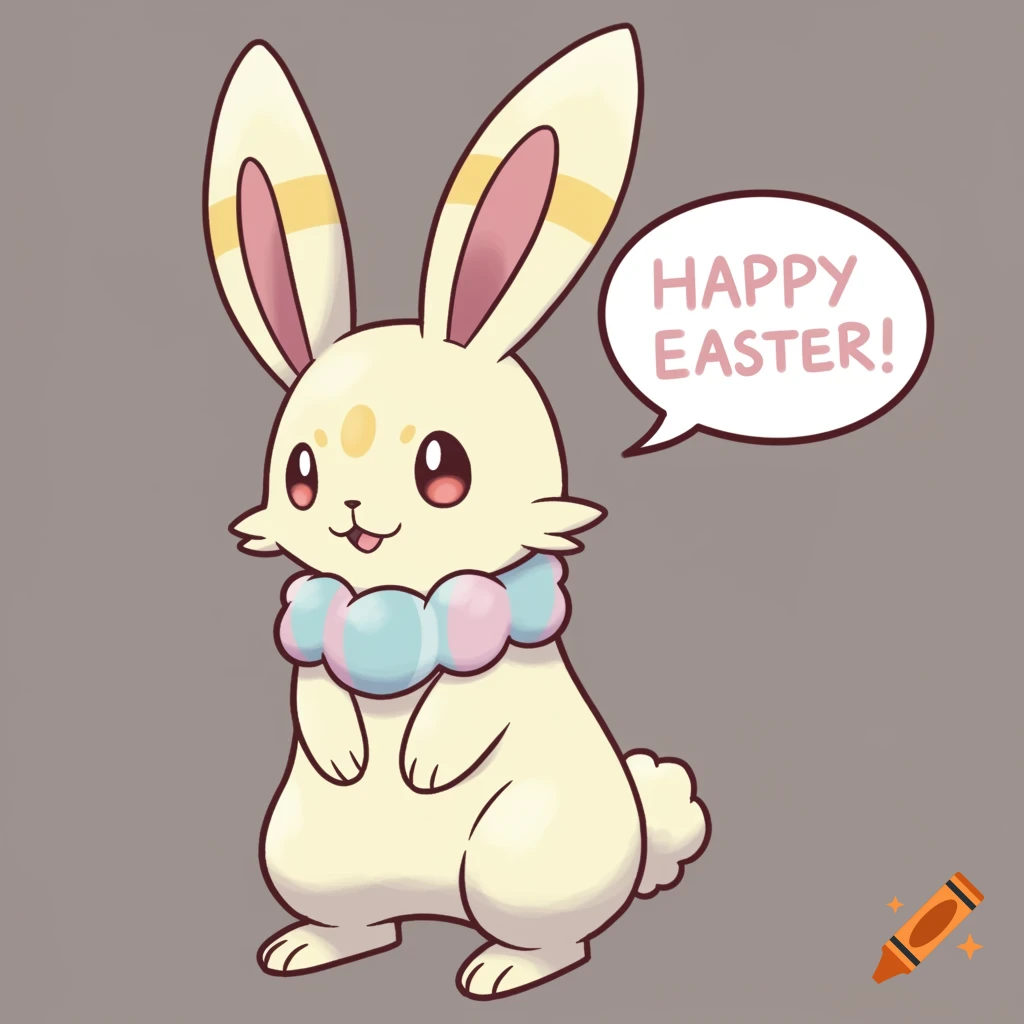 A cute cartoon Easter bunny in a Pokemon style says, "Happy Easter!"