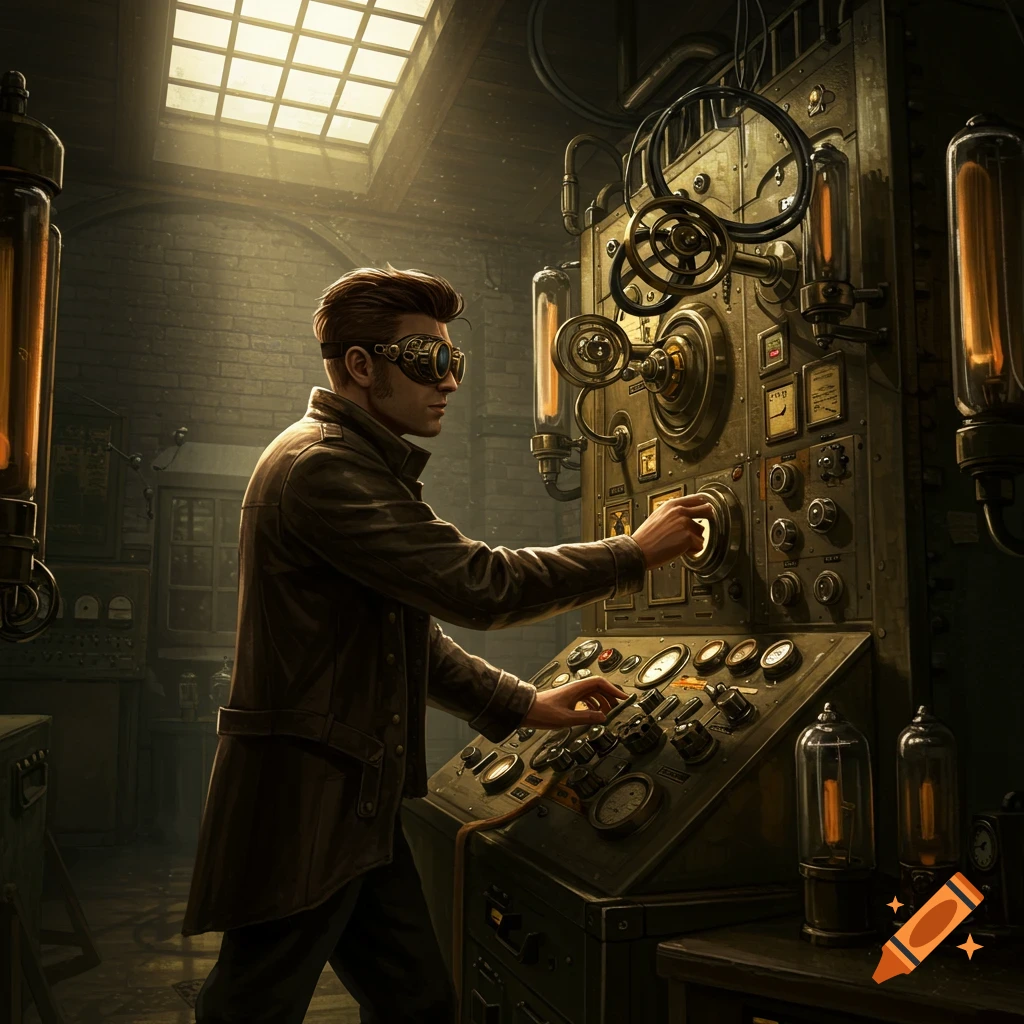A male steampunk operator working at a large machine in a lab.