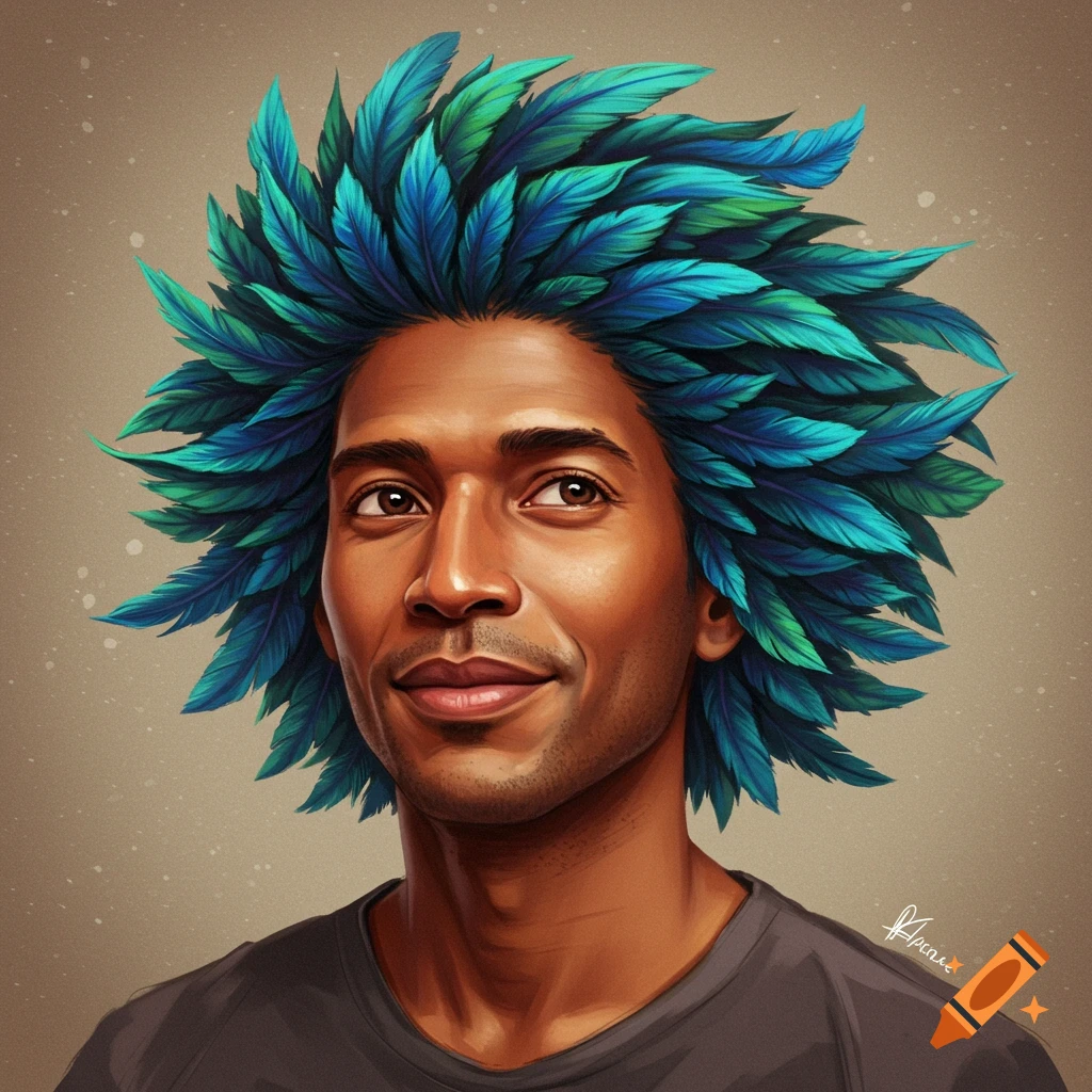 Portrait of a man with blue and green feathers instead of hair.