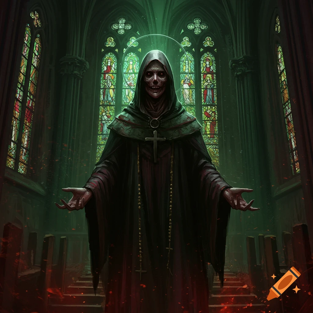 Skeletal figure in hooded robe stands in a creepy church with stained glass windows.