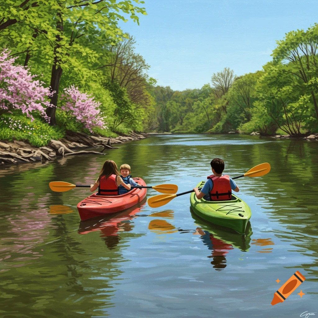 A family kayaking on a river lined with trees and pink blossoms.