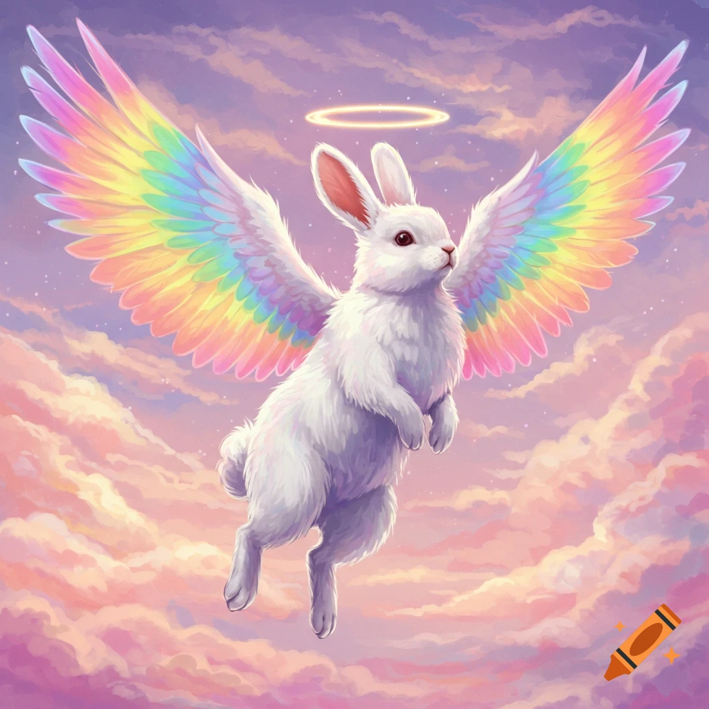 A white bunny with rainbow wings and a halo flies through pastel clouds.