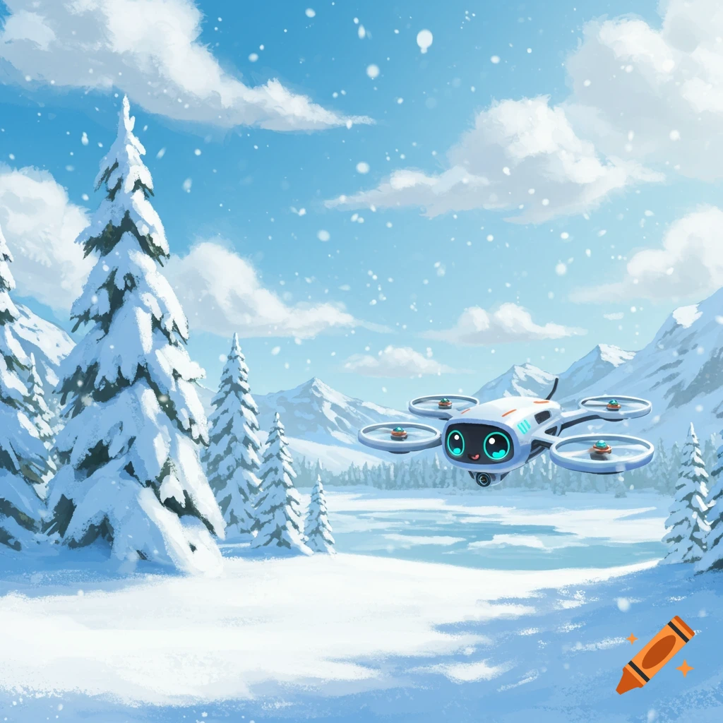 Cartoon drone flies over a snowy landscape with trees and mountains.