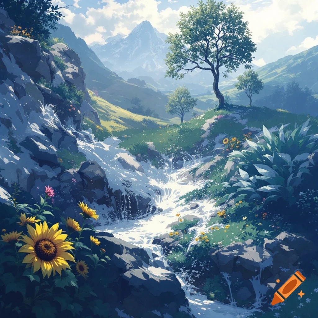 A waterfall cascading down rocks in a lush mountain valley with trees and sunflowers.