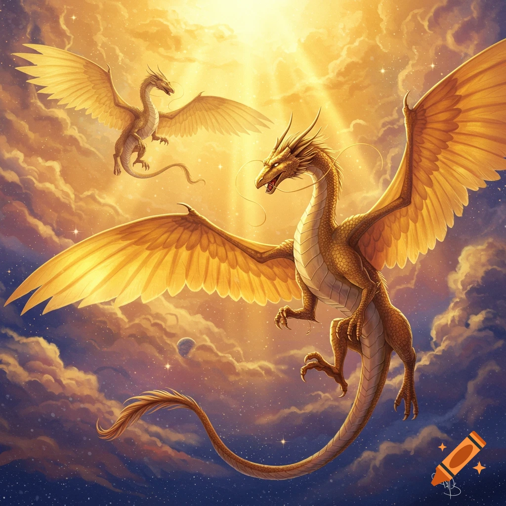 Two golden dragons flying through sunny clouds in a starry starry sky.