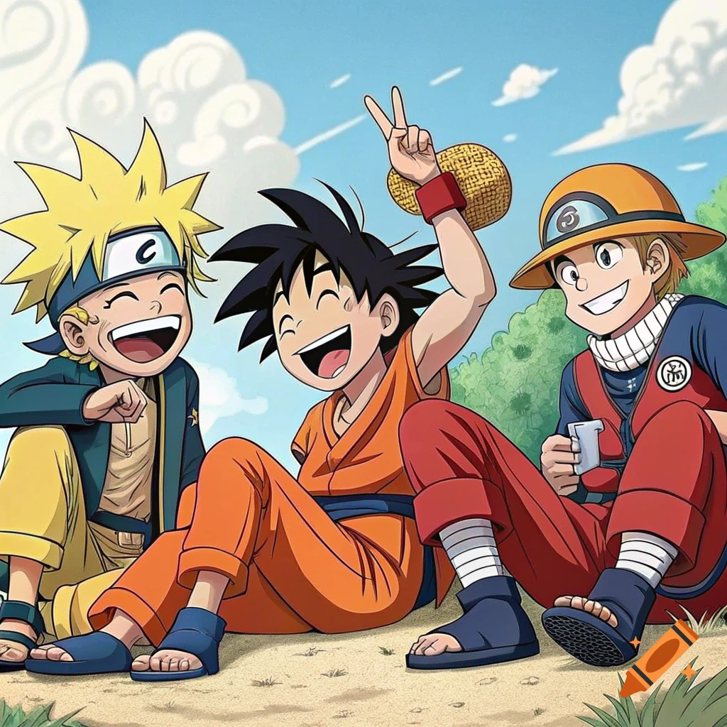 Cartoon drawing of Naruto, Goku, and another anime character sitting on the ground, laughing and smiling.