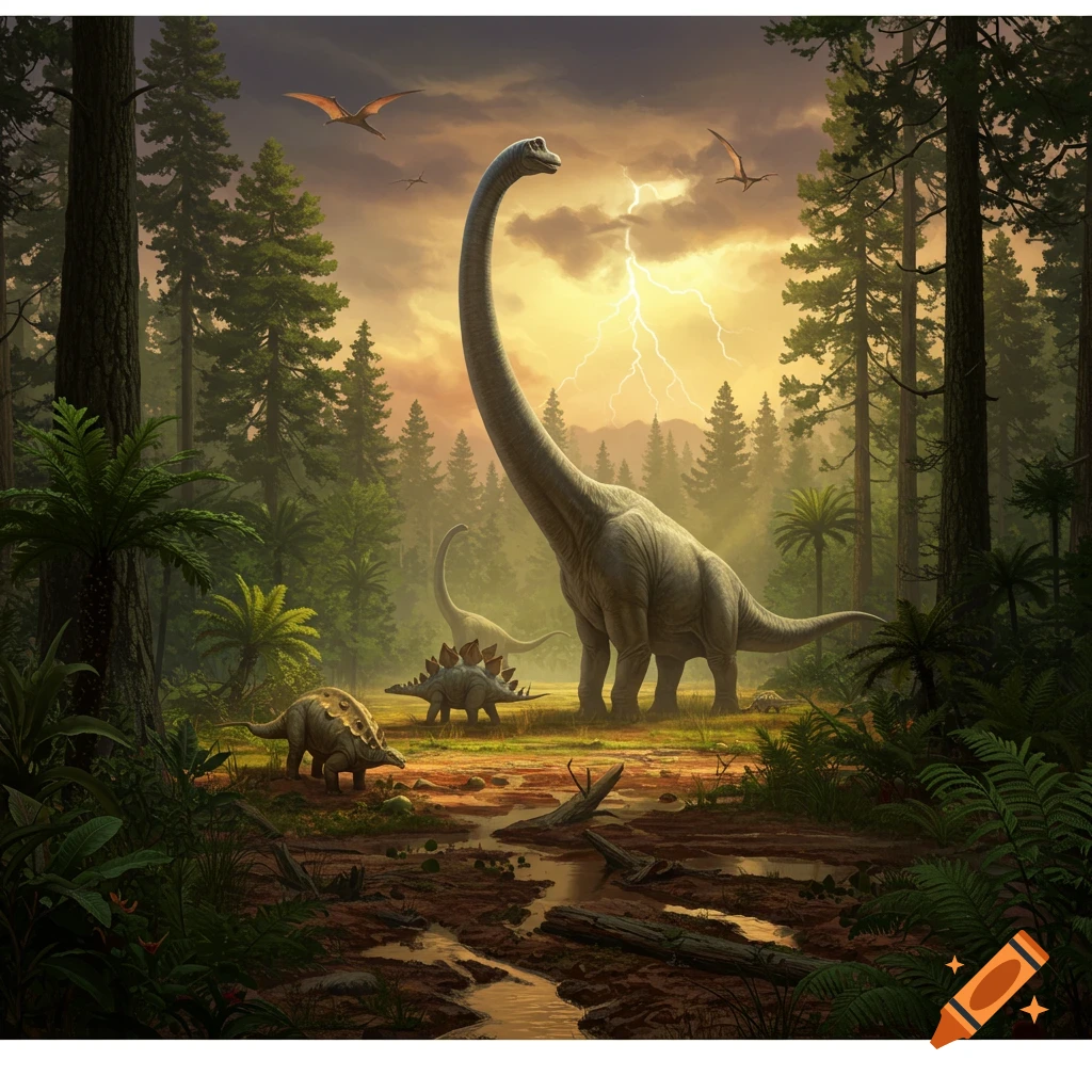 A long-necked dinosaur, stegosaurus, and armored dinosaur are in a Jurassic forest landscape with lightning.