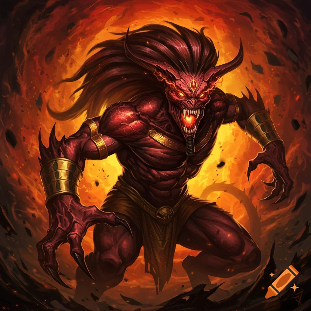 A fierce red demon creature with horns, fangs, and glowing eyes, wearing golden armbands, against a fiery background.