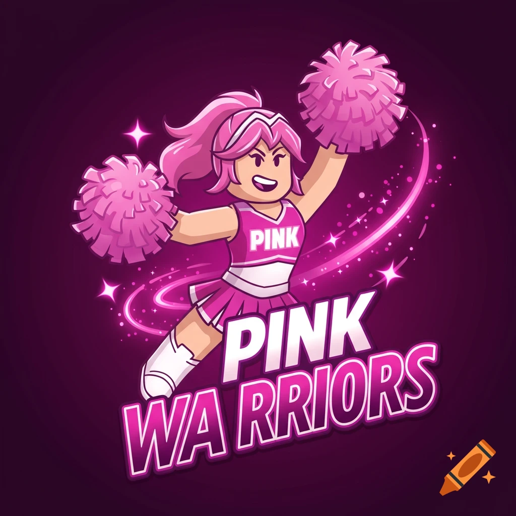 Cartoon logo of a character in a pink cheerleading uniform holding pompoms with 'Pink Warriors' text.