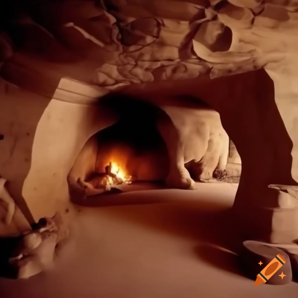 Rough-hewn fireplace carved into sandstone cave wall