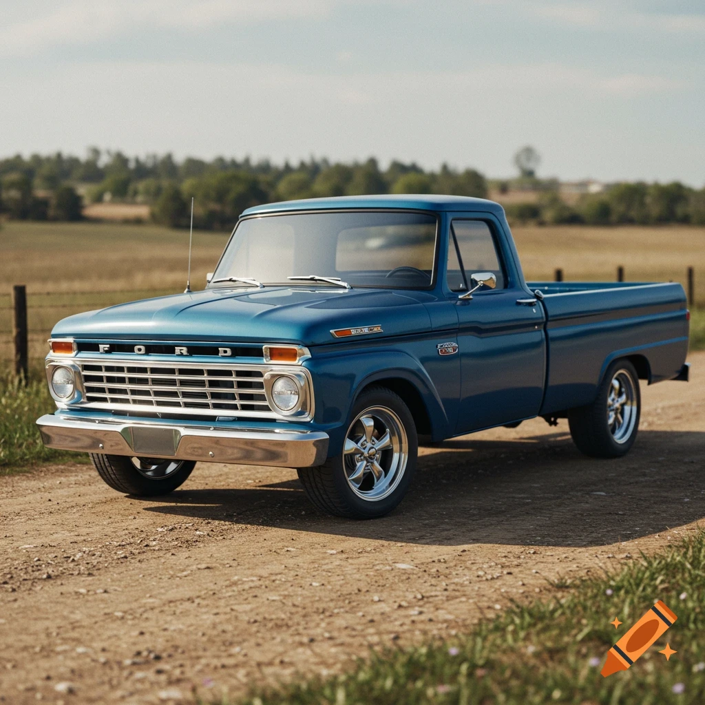 Blue classic Ford F100 truck on a dirt road in a field