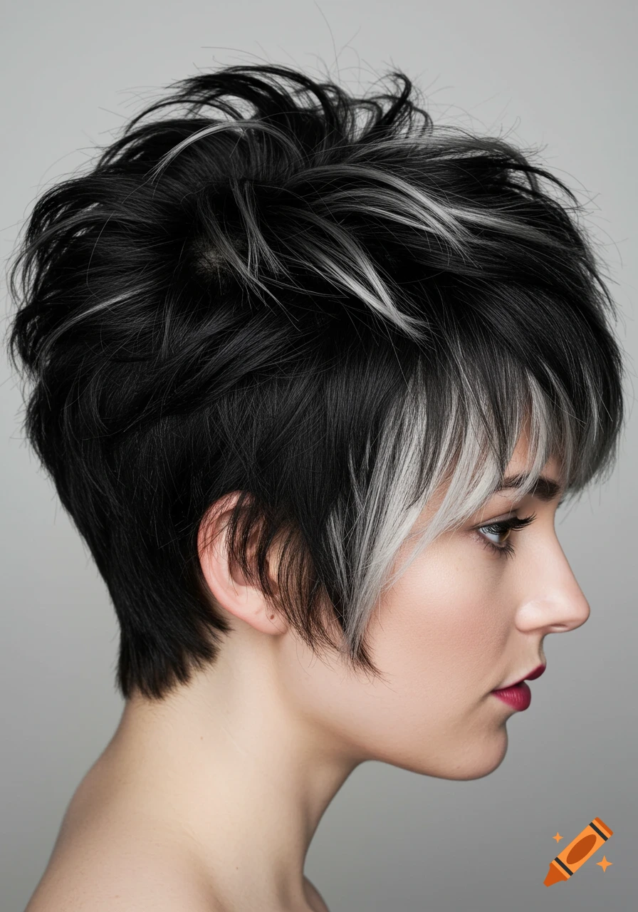 Side view of a woman with a short black and white pixie cut hairstyle.