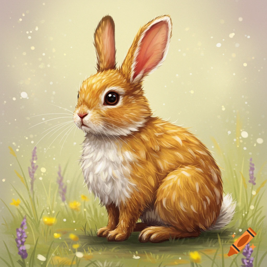A fluffy brown and white bunny sits in a grassy field filled with colorful flowers.