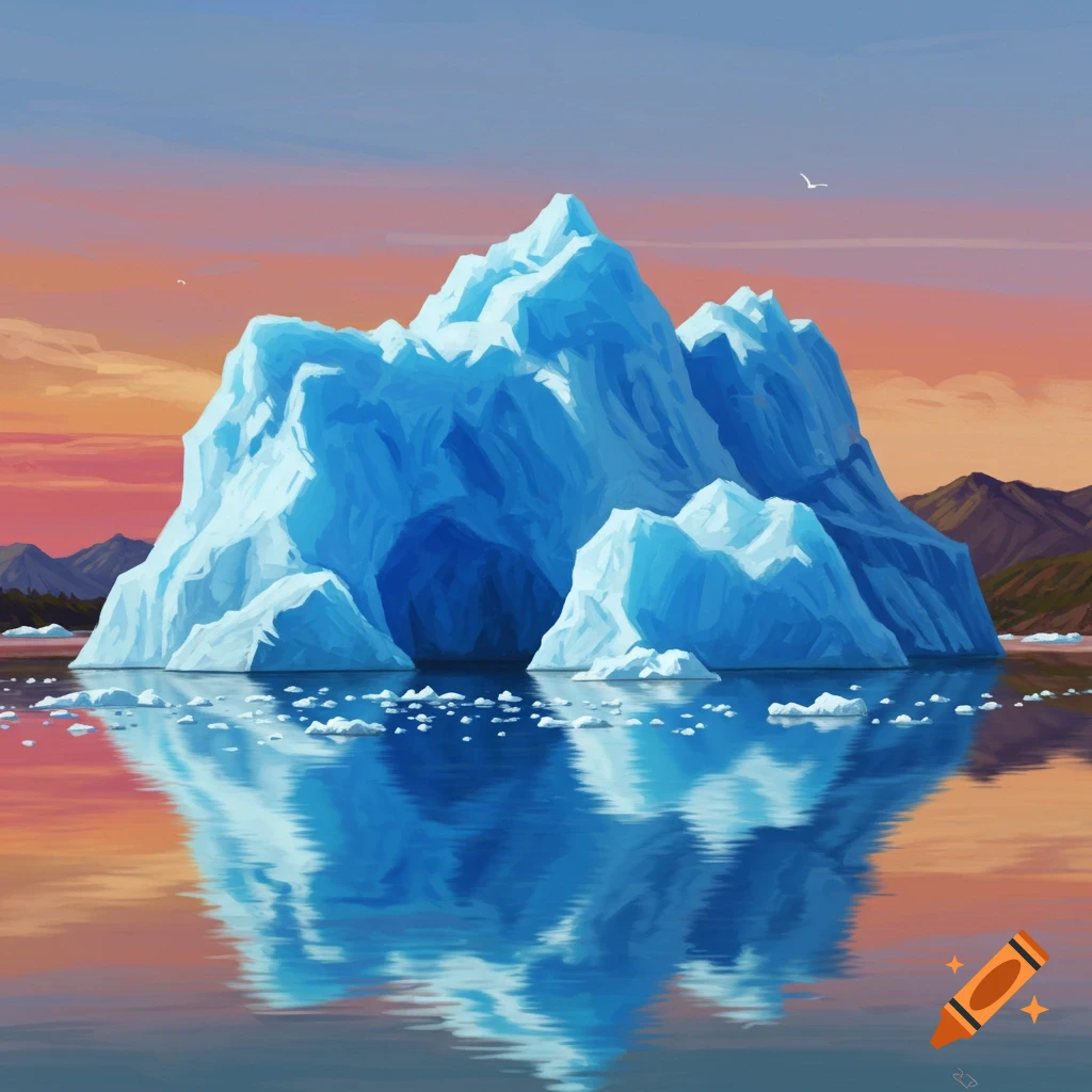 A large blue iceberg reflecting in calm water at sunset with mountains in the background.