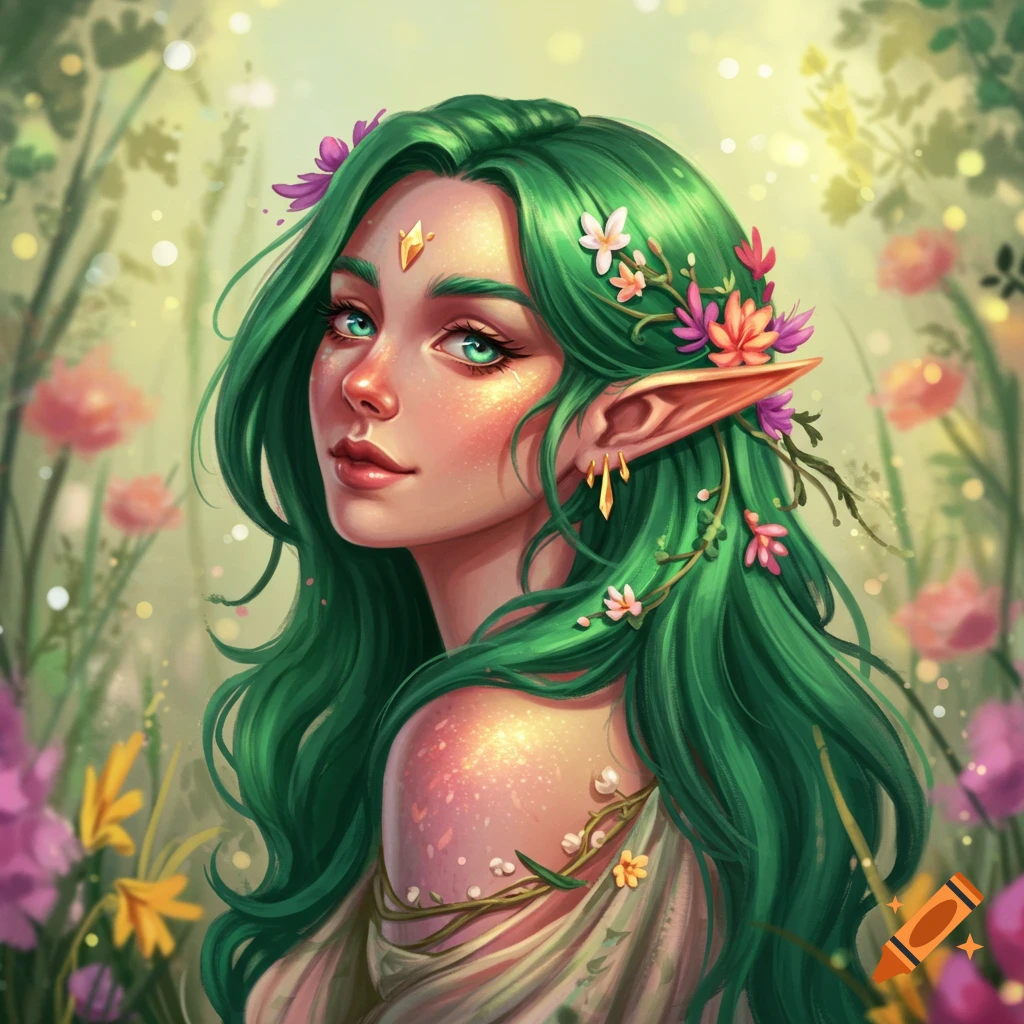 A spring eladrin elf woman with green hair and flowers.