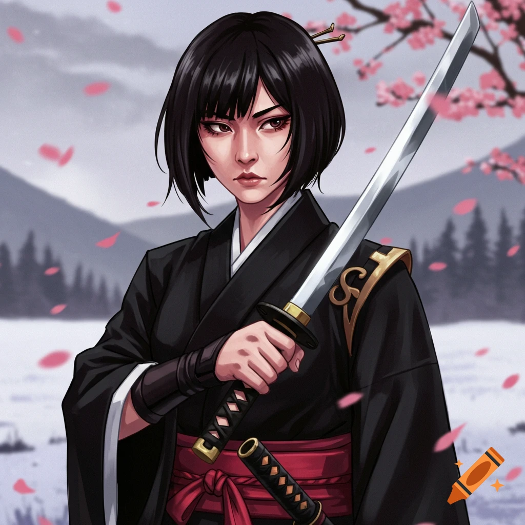 A woman in a black kimono holding a sword, with cherry blossoms and a snowy landscape.