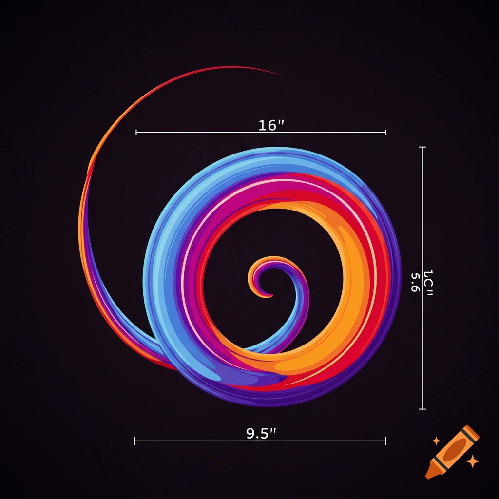 A vibrant spiral shape with dimension labels on a dark background.