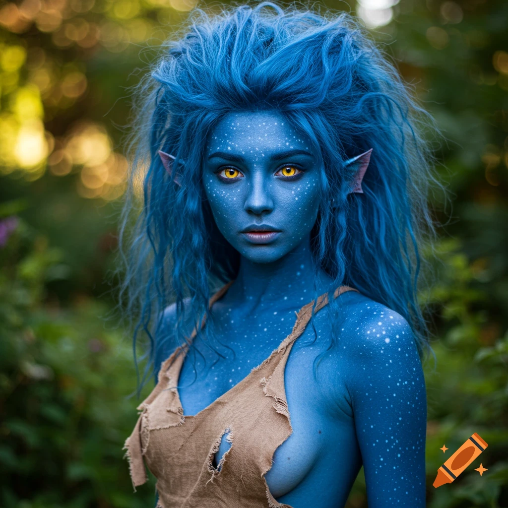 Close-up photorealistic portrait of a blue-skinned fantasy creature with wild blue hair, yellow eyes, and white spots, wearing tattered fabric in a blurred garden.