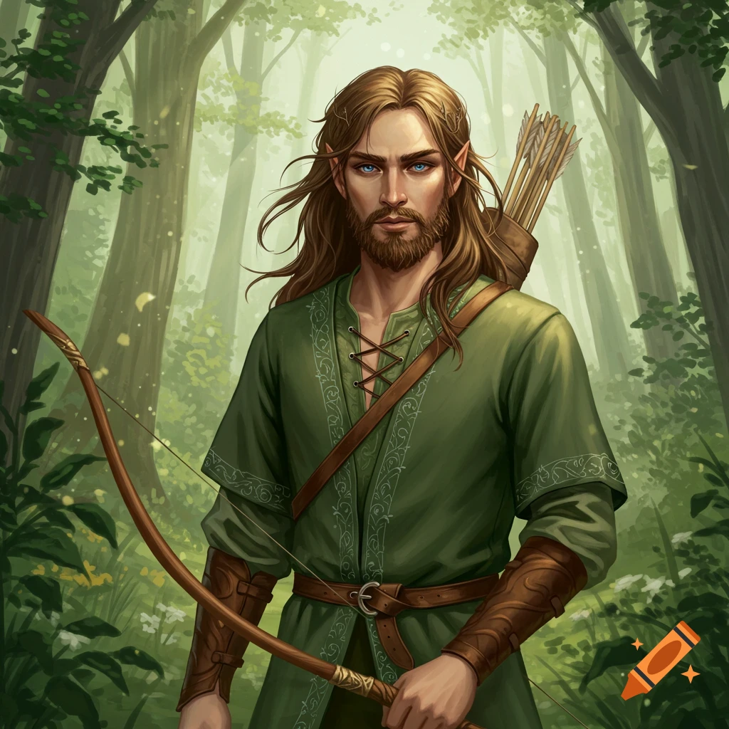 A fantasy illustration of a male elf archer with long hair and a beard, holding a bow in a forest.