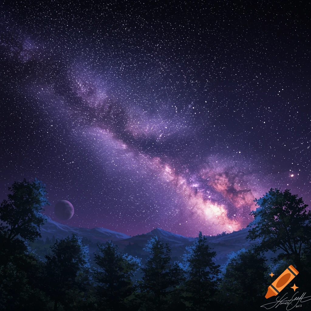 A starry night sky with the Milky Way over mountains and trees, featuring a planet/moon.
