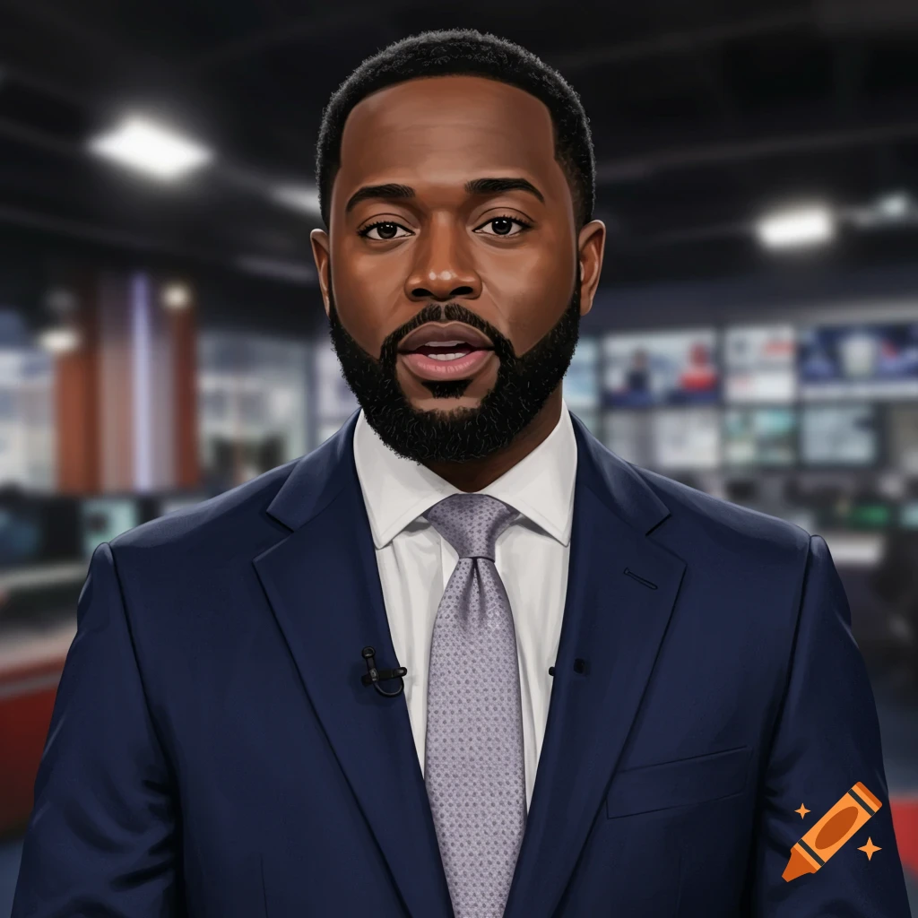 Image of a Black male news reporter in a studio.