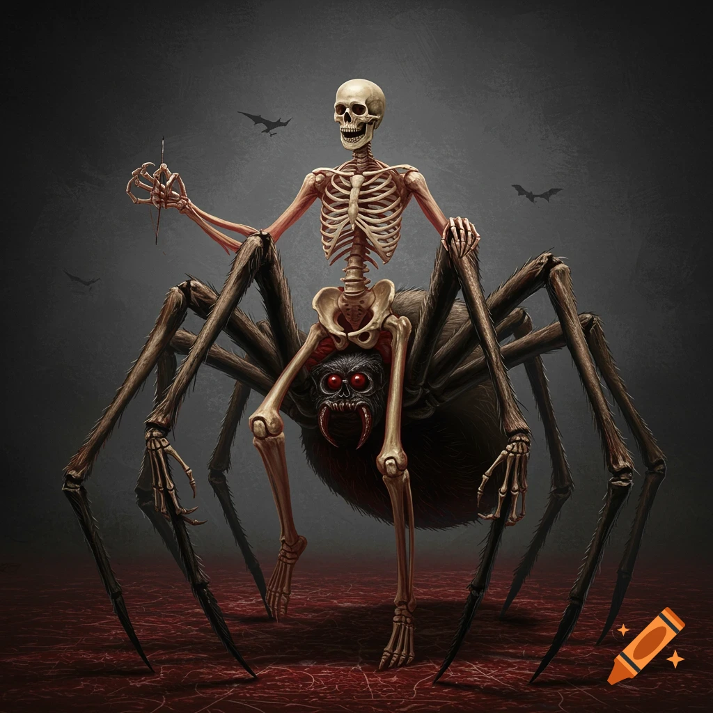 A skeleton sits atop a large spider body, with skeletal arms replacing the spider legs, against a dark background with bats.
