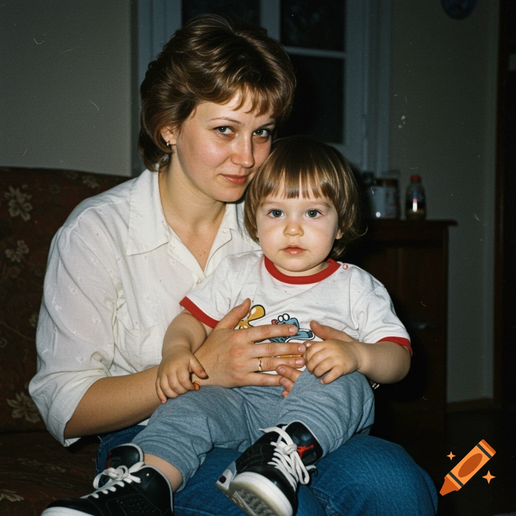 A candid 1990s photo of a mother holding her young son.