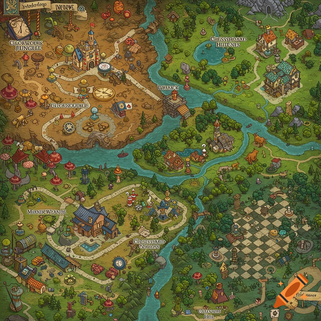 Illustrated fantasy map with regions like Clockwork Jungle and Chessboard Hills in a whimsical style.
