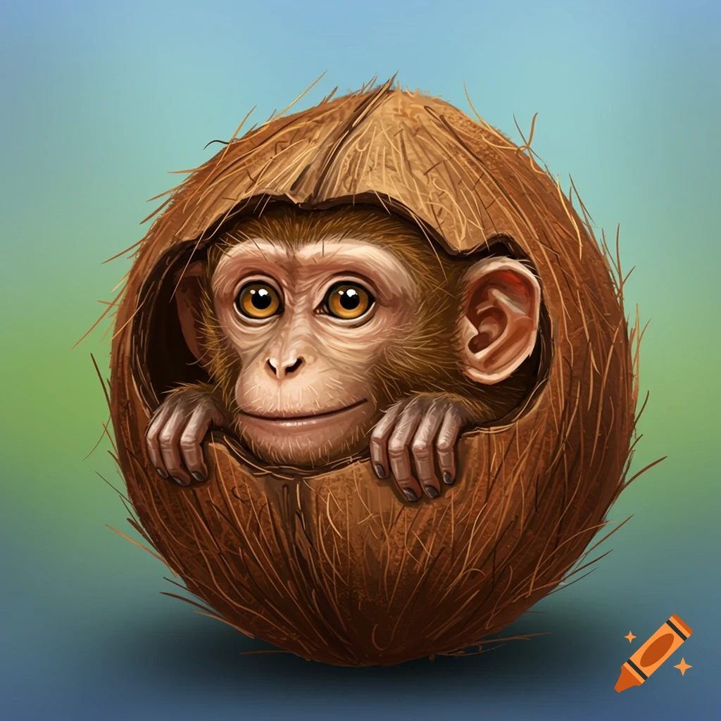 A cute baby monkey peeking out of a coconut