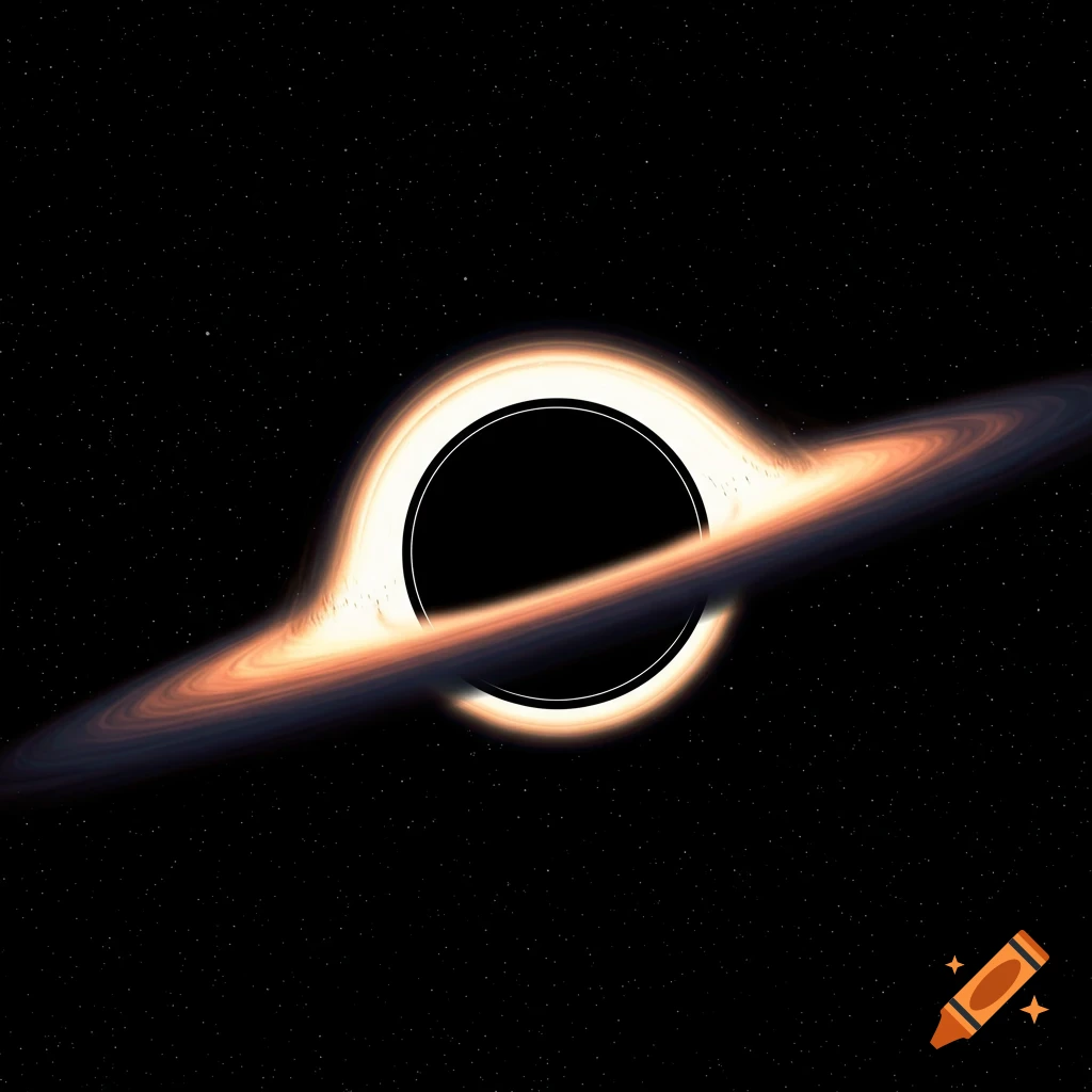 Digital art illustration of a black hole with a bright orange and yellow accretion disk in space.