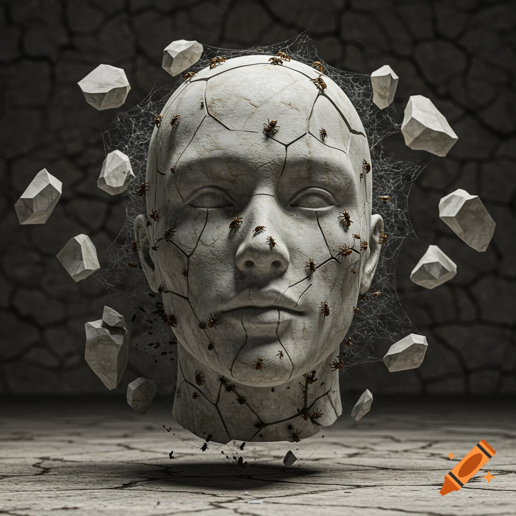 A floating, cracked stone head covered in insects and spiderwebs, surrounded by geometric rock shards.