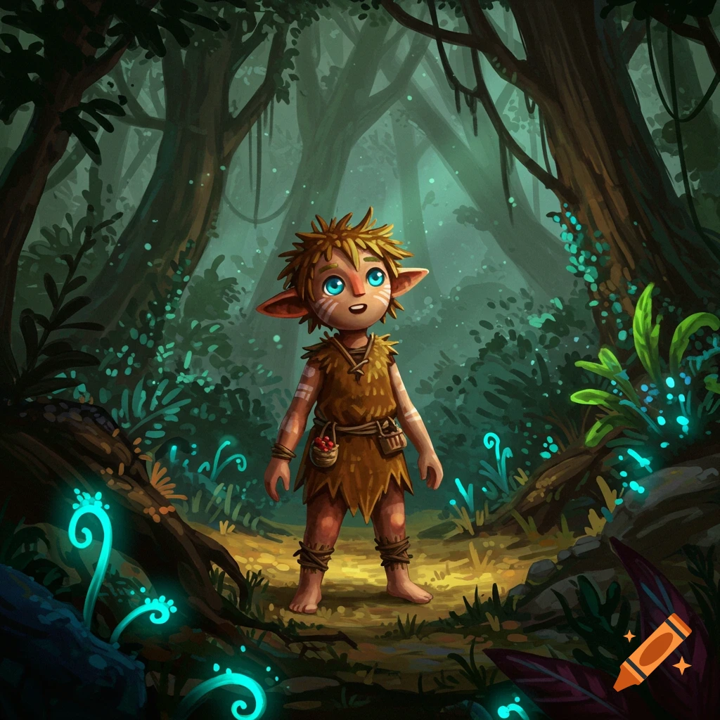 A young fantasy character with large blue eyes standing in a forest with glowing plants.