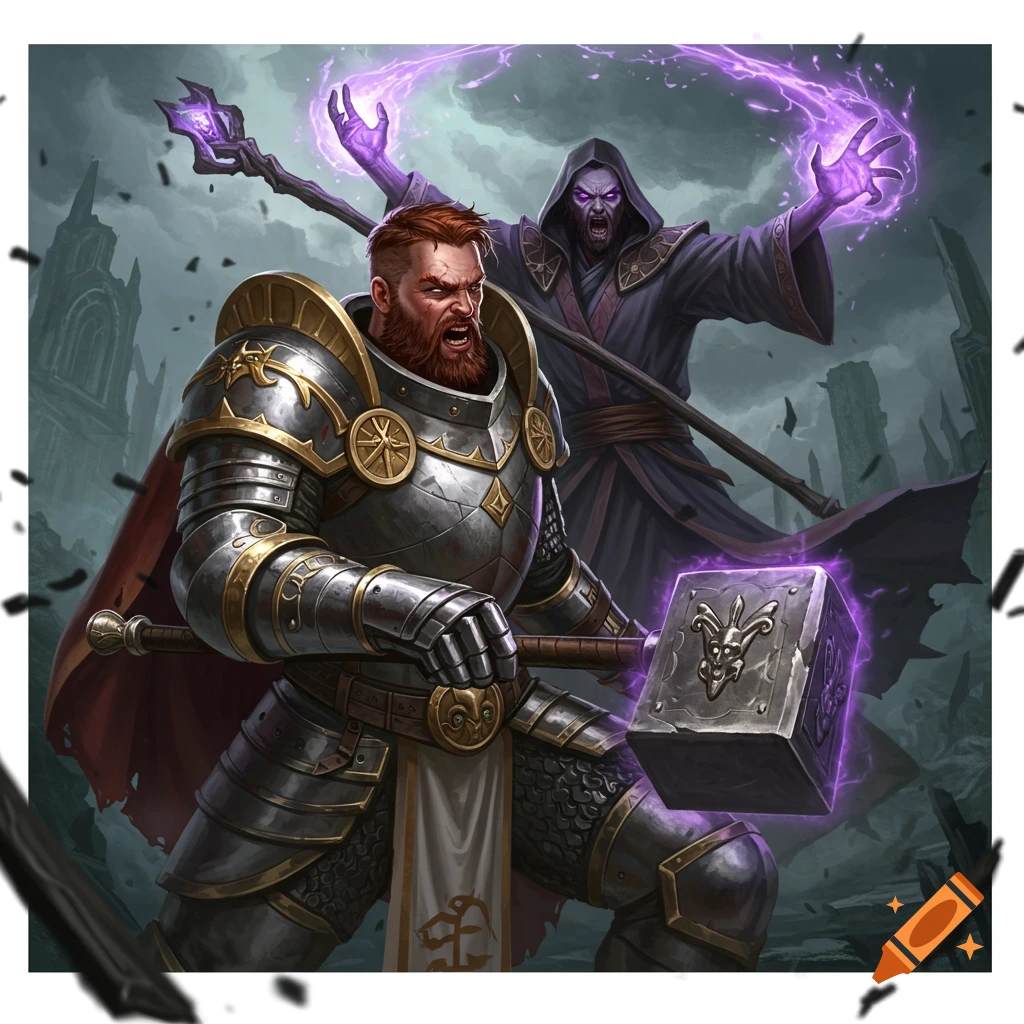 A battle cleric in armor and a robed wizard casting magic in a dark, ruined setting.