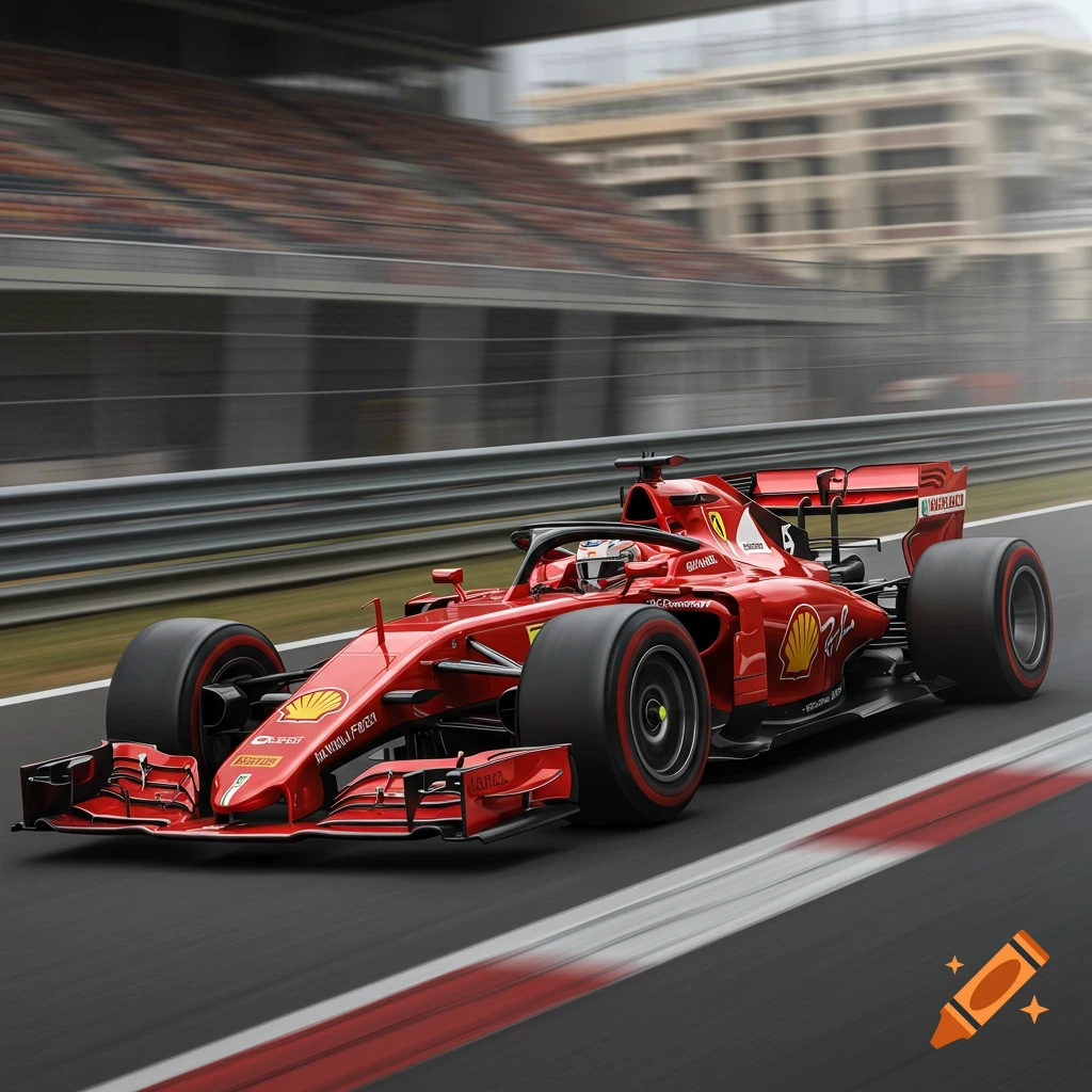 A red race car speeding on a track.