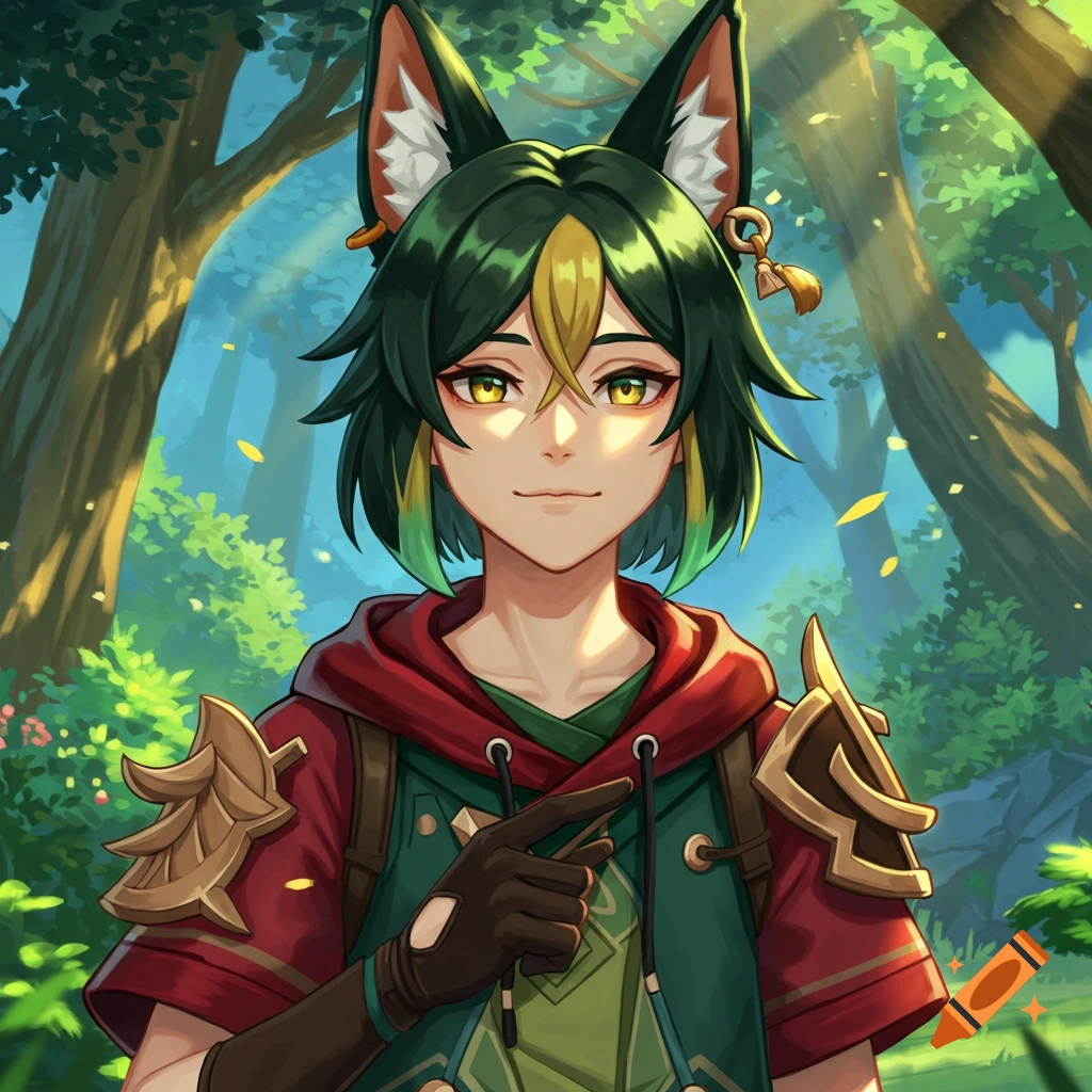 Anime illustration of a character with green hair and fox ears smiling in a forest, pointing.