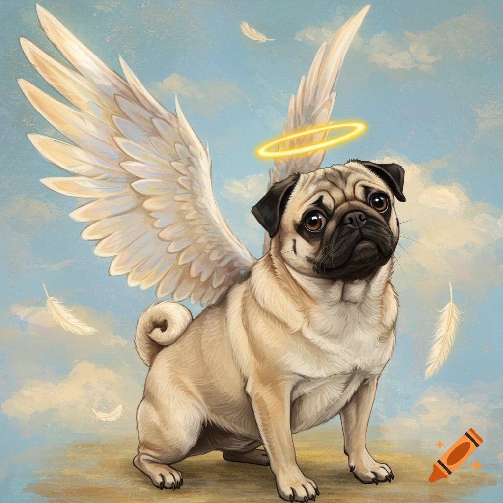 A pug wearing angel wings and a halo against a cloudy sky.