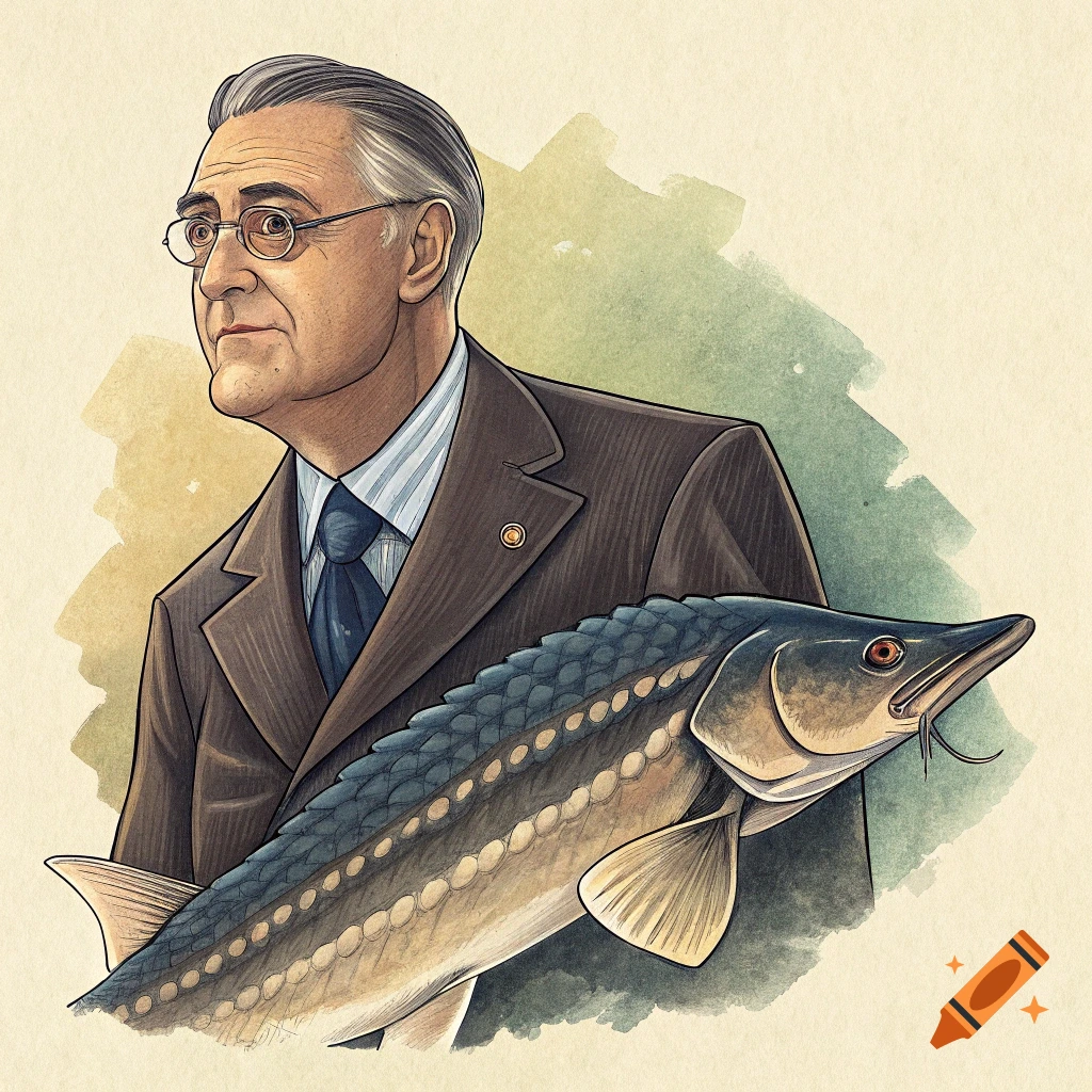 Illustration of a man resembling FDR holding a large sturgeon.