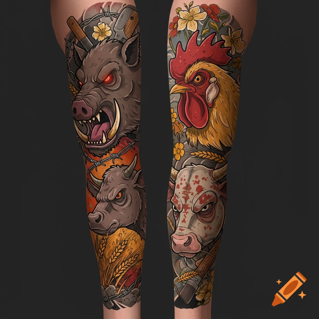 A tattoo sleeve design featuring stylized farm animals like a boar, rooster, bull, and cow.