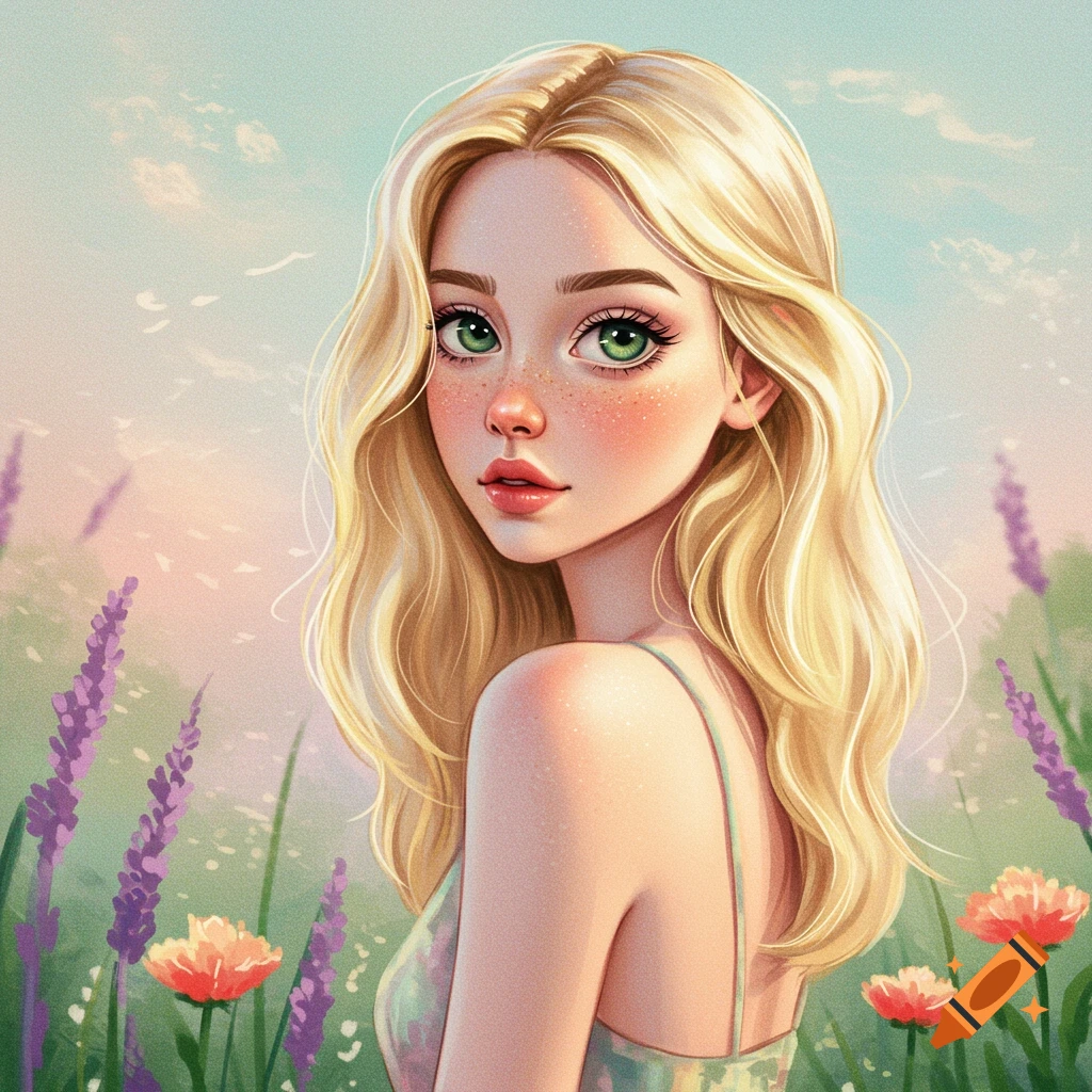 A blonde girl with green eyes looks over her shoulder in a field of lavender and flowers.